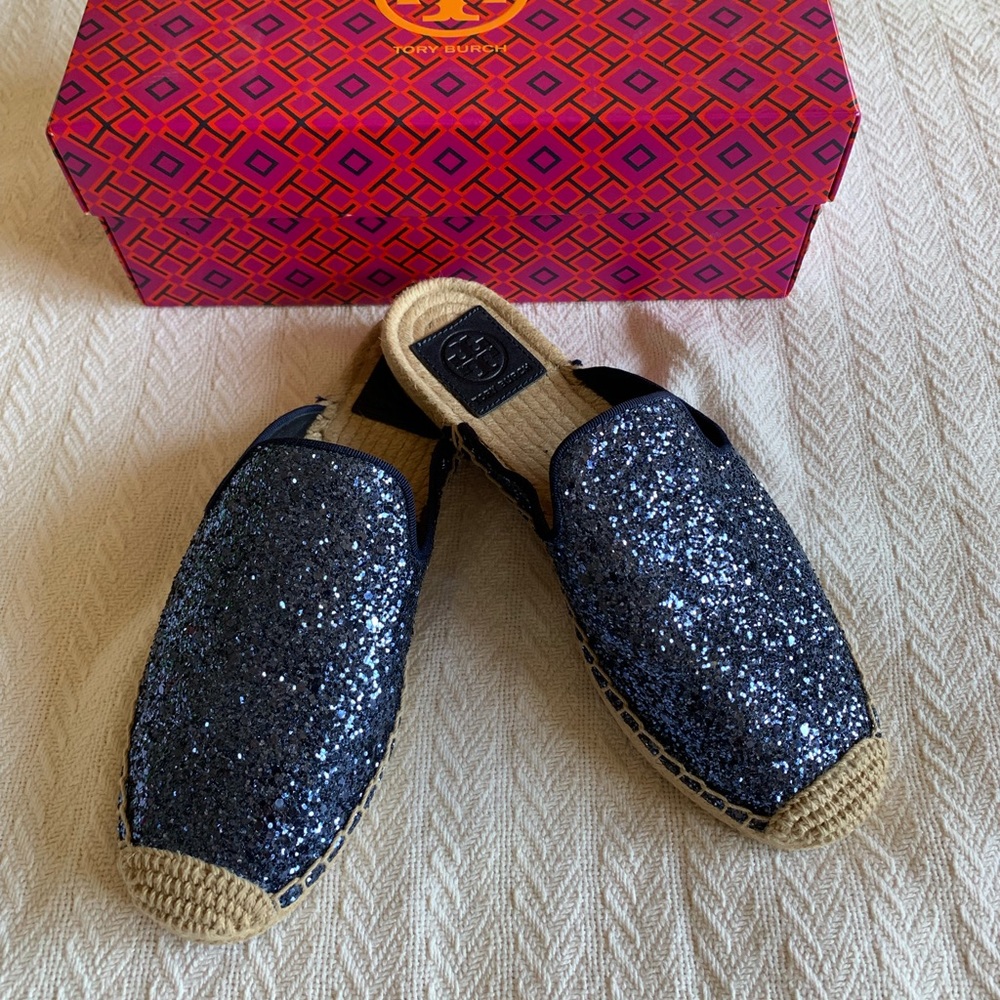 New Tory Burch Max Glitter Blue Espadrille Mules